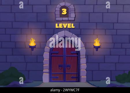 Spieleballtür. Burgsteinmauer Eingangstor im Kerkergefängnis, mittelalterliche alte Festung mit Feuerfackel dunkler Nachthintergrund, alte Felsenbogen Cartoon 2D Gaming Vektor Illustration Stock Vektor