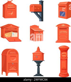 Englische Postfächer. Cartoon Letterbox, rote Postbox uk Post Service, britische Royal Post Box Straße Mailbox für den Empfang von Postbriefen an Adresse Vektor Illustration der Postfachpost, Postbox Letterbox Stock Vektor