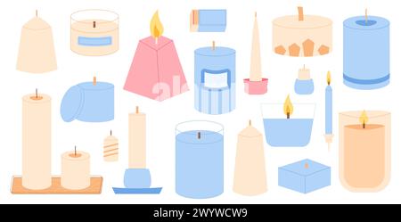 Duftende gefertigte Kerzen in verschiedenen Formen. Wachs, Soja, Paraffinkerzen im Glas, Behältersäule. Aroma-Spa-Accessoires für die Entspannungskollektion. Startseite d Stock Vektor