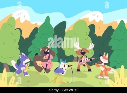 Konzert mit Tiermusikern. Tiere Musiker Orchester im Wald, Instrumentalmusik Party Spiel Saxophon Spaß Natur Charaktere Vektor Illustration von Konzert Musik Band mit Instrument Stock Vektor