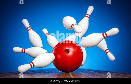 Action-Aufnahme einer roten Bowlingkugel, die vor blauem Hintergrund gegen weiße Pins stürzt. 3D-Rendering Stockfoto