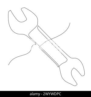 Durchgehende Linienzeichnung eines Schraubenschlüssels. Werkzeuge zum Befestigen oder Lösen von Muttern oder Schrauben. Einfacher, flacher, handgezeichneter Vektor für Werkzeuge im Maschinenbau und im Maschinenbau Stock Vektor