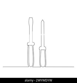 Durchgehende Linienzeichnung einiger Schraubendreher. Flachkopf und Kreuzschlitzschraubendreher. Einfacher flacher handgezeichneter Vektor für Werkzeug in der Konstruktion A Stock Vektor