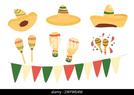 Cinco de Mayo Elemente Set. Sombrero, Maracas, Flaggengirlande. Mexikanisches Festival mit traditionellen Artikeln. Vektor flach Hand gezeichnete Illustration isoliert auf weiß Stock Vektor