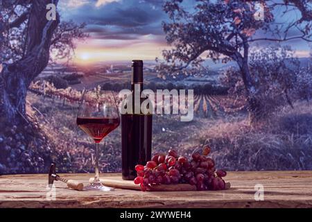 Weinindustrie. Flasche und Glas Rotwein mit Trauben liegen auf Holztisch mit herrlichem Blick auf den Weinberg Stockfoto