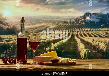 Picknick im Freien und Weindegustation. Flasche und Glas mit rotem Bio-Wein, Pastete mit Cracker und Käse für Vorspeisen mit Sommerwein Stockfoto