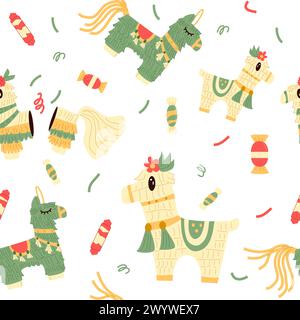 Nahtloses Pinata-Muster. Traditionelle mexikanische Party mit endlosem Hintergrund. Cinco de Mayo-Cover wiederholen. Illustration der Vektorabwicklung. Stock Vektor