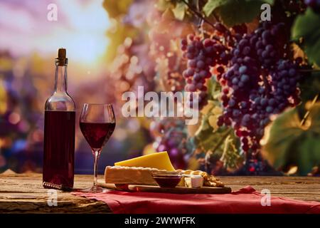 Picknickszene mit einer Flasche Wein und Glas auf dem Tisch, Käse und Cracker auf dem Teller. Weinberg mit Sonnenlicht auf dem Hintergrund Stockfoto