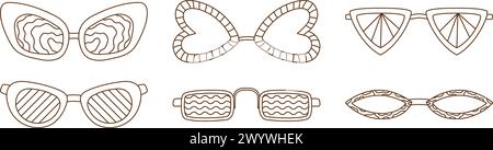 Retro Groovy Sonnenbrillen Kollektion mit verschiedenen Mustern in Schwarz und weiß. 1970er Jahre Vibe Set Stock Vektor