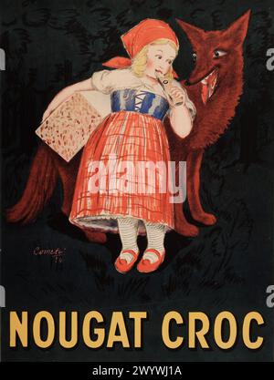 Vintage-Werbung, alte Werbung, Werbung oder Werbung für Nougat Croc oder Nougat Bar, illustriert mit Illustration von Rotkäppchen essen Nougat und der Sly Wolf Märchen oder Folk Tale.1924 Stockfoto