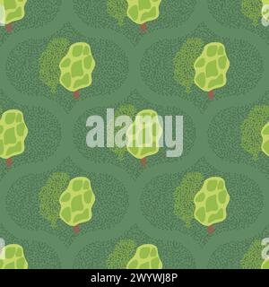 Nahtloses Muster der Waldlandschaft im Sommer. Bäume sind körnig mit Damastverzierung und endlosem Hintergrund. Parkwiederholung der Abdeckung. Naturumgebung Schleife oder Stock Vektor