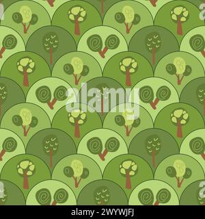 Nahtloses Muster der Waldlandschaft im Sommer. Handgezeichnete Vektorgrafik. Stock Vektor