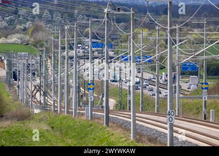 Neubaustrecke der Bahn von Wendlingen nach Ulm. Streckenabschnitt bei Kirchheim unter Teck. // 06.04.2024: Kirchheim unter Teck, Baden-Württemberg, Deutschland, Europa *** Neubaustrecke von Wendlingen nach Ulm bei Kirchheim unter Teck 06 04 2024 Kirchheim unter Teck, Baden-Württemberg, Deutschland, Europa Stockfoto