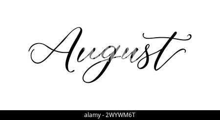 August: Handgeschriebene Inschrift im kalligraphischen Stil auf weißem Hintergrund. Vektorabbildung. Stock Vektor