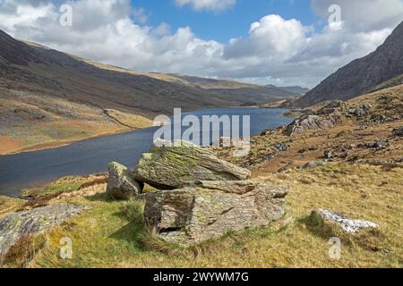 Lake Llyn Ogwen, Snowdonia Nationalpark bei Pont Pen-y-benglog, Bethesda, Bangor, Wales, Großbritannien Stockfoto