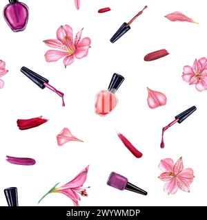 nagellack, Spritzer zwischen Blumen. Nahtloses Muster in rosa, roten Farben. nagellackflasche und -Bürste. Alstroemeria Blume, Blütenblatt. Stockfoto