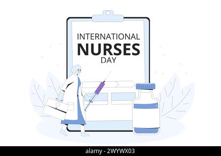 Textkarte internationaler Schwesterntag. Feiertagsbanner. Injektion und Impfung. Weibliche Figur und medizinische Symbole flache Illustration. Stock Vektor