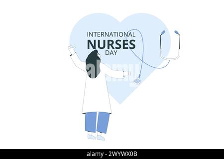 Textkarte internationaler Schwesterntag. Feiertagsbanner. Weiblicher Charakter und Stethoskop mit Herzsymbol-Flachstrich-Illustration. Stock Vektor