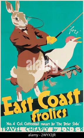 East Coast Frolics animierte LNER Vintage Poster Design von Frank Newbould um 1930 Nr. 4 Colonel Cottantail, der Kaninchen Golf spielt Stockfoto