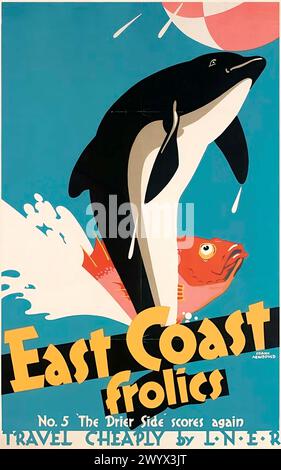 East Coast Frolics animierte LNER Vintage Poster Design von Frank Newbould um 1930 Nr. 5 Delfine und Fische genießen das Schwimmen Stockfoto