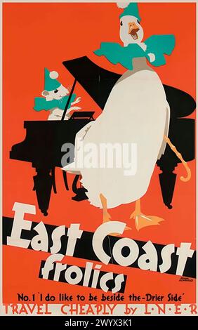 East Coast Frolics animierte LNER Vintage Poster Design von Frank Newbould um 1930 Nr. 1 signiert Gans und Maus. Stockfoto