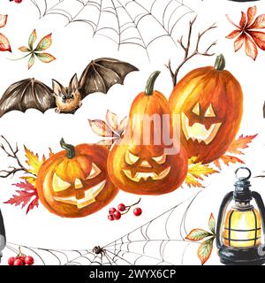 Nahtloses Happy Halloween-Muster. Handgezeichnete Aquarellillustration isoliert auf weißem Hintergrund Stockfoto