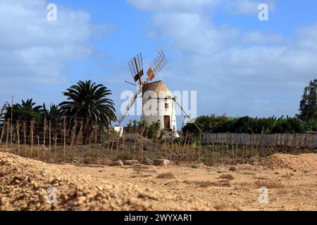Stillgelegte Windmühle, in der Nähe des Dorfes El Roque, El Cotillo, Fuerteventura. Vom Februar 2024 Stockfoto