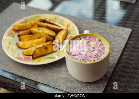 Kalte litauische Suppe Šaltībarščiai, eine kalte Sommersuppe aus Roter Bete und Kefir, die in Litauen, Lettland, Polen und Weißrussland beliebt ist Stockfoto