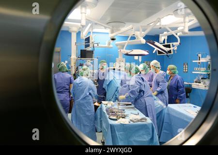 Hüftgelenksersatzchirurgie, Orthopädie und Unfallchirurgie, Chirurg, Operationssaal, Donostia Hospital, San Sebastian, Donostia, Gipuzkoa, Baskenland, Spanien. Stockfoto