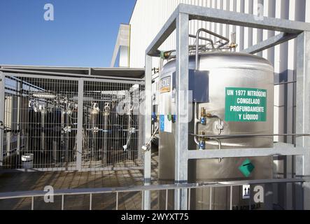 Tanks mit flüssigem Stickstoff und Sauerstoff, AZTI-Tecnalia, Technologiezentrum für Marine- und Lebensmittelforschung, Derio, Biskaya, Baskenland, Spanien. Stockfoto