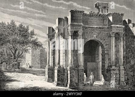 Der vierseitige Triumphbogen wurde 214 während der Herrschaft von Caracalla in Tebessa errichtet. Provinz Oran, Algerien. Afrika. Zeichnung von Georges Moynet (1849 - 1908) Tébessa und seine Denkmäler von Antoine Héron de Villefosse (1845 - 1919) Le Tour du Monde 1880 Stockfoto