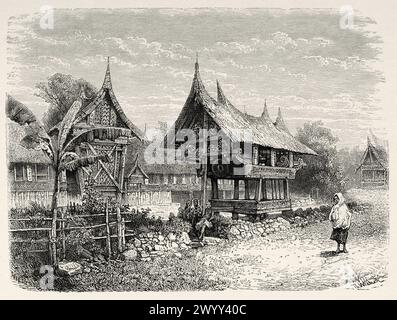 Ein Haus im architektonischen Minangkabau-Stil mit Reisscheune und Tabuhaus in Alahan Pandjang, Padangse Bovenlanden, Sumatra Island. Indonesien. Zeichnung von Theodore Alexander Weber (1838–1907) über die Insel Sumatra 1877 von Daniel David Veth (1850–1885) Le Tour du Monde 1880 Stockfoto