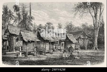 Reiskammer in Loeboekgadang, Padangse Bovenlanden, Sumatra Island. Indonesien. Zeichnung von Theodore Alexander Weber (1838–1907) über die Insel Sumatra 1877 von Daniel David Veth (1850–1885) Le Tour du Monde 1880 Stockfoto