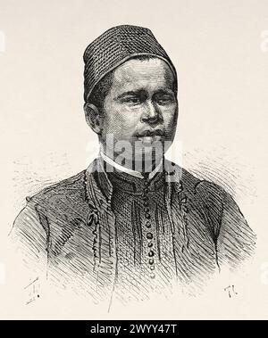 Altes Portait des jungen Sklaven Mohammedou, Zentralafrika. Zeichnung von Ivan Pranishnikoff (1841 - 1909) Reise von Borno nach Baguirmi 1872 von Dr. Gustav Hermann Nachtigal (1834 - 1885) Le Tour du Monde 1880 Stockfoto