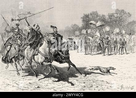 König Mbang Mohammedou überprüft seine Truppen im Dorf Massenya. Königreich Baguirmi, Tschad, Afrika. Zentralafrika. Zeichnung von Ivan Pranishnikoff (1841 - 1909) Reise von Borno nach Baguirmi 1872 von Dr. Gustav Hermann Nachtigal (1834 - 1885) Le Tour du Monde 1880 Stockfoto