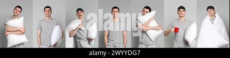 Mann im Pyjama mit Kissen und Decke auf hellgrauem Hintergrund, Collage von Fotos Stockfoto