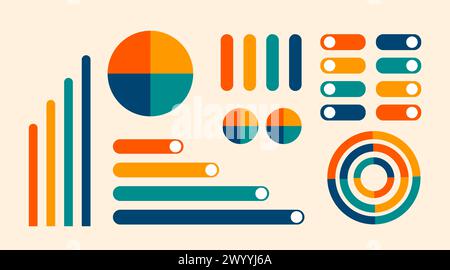 Gruppe von Grafikelementen für Analysen. Schaltflächen, Infografik-Elemente, Datendiagramme, Diagramme und Infodiagramme. Präsentationstabellen Stockfoto