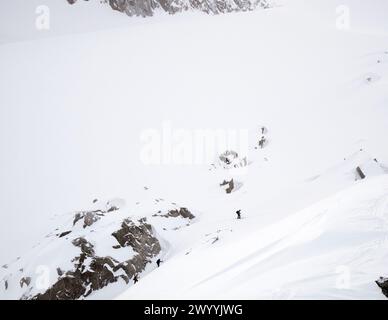 Drei Skifahrer, DIE den Omoo Glacier in der Selkirk Mountains Battle Range in der Nähe von Golden, British Columbia, besteigen. Stockfoto