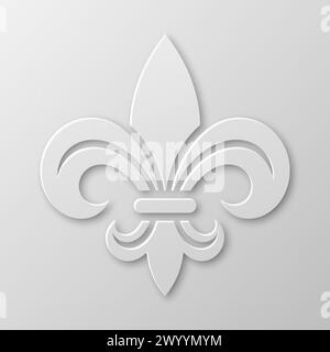 Vector Realistic Paper 3D Fleur De Lis Nahaufnahme auf weißem Hintergrund. Heraldisches Lily-Zeichen, Vektorbild Stock Vektor