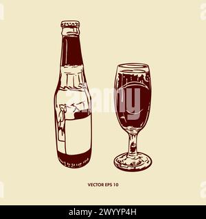 Biergetränk, Flasche, Glasbecher. Handgezeichnete Vektorillustration im grafischen Stil. Gestaltung von Speisekarten, Wein- und Bierkarten, Etiketten, Bannern, Broschüren. Stock Vektor