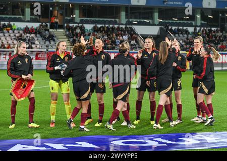 Leuven, Belgien. April 2024. Das belgische Team wurde am ersten Spieltag in der Gruppe A2 in der Liga der UEFA-Qualifikation für Frauen 2023-24 am Freitag, den 5. April 2024, in Leuven, BELGIEN vor einem Spiel zwischen den BELGISCHEN Nationalmannschaften, den Red Flames und Spanien, dargestellt. Quelle: Sportpix/Alamy Live News Stockfoto