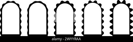 Satz Bogenrahmen mit wackeligen Kanten. Bogenformen mit Muschelrand. Wellige Vignetten oder Spiegel, Portale oder Türen, leere Textfelder isoliert auf weißem Hintergrund. Vektorgrafik. Stock Vektor