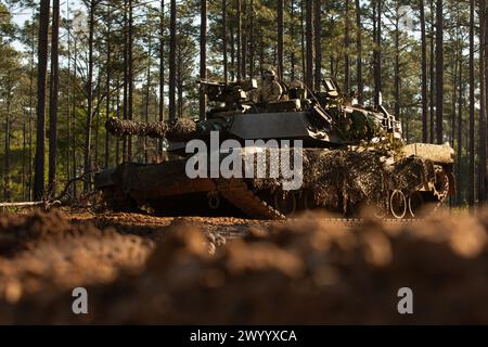 Soldaten der US-Armee, die dem 1. Bataillon, 64. Panzerregiment, 3. Infanteriedivision, zugewiesen sind, durchsuchen das Gebiet nach möglichen feindlichen Kontakten während Marne Focus in Fort Stewart, Georgia, 7. April 2024. Moderne Kriegsführung wird in jedem Gebiet geführt. Hundeschlittensoldaten müssen flexibel und agil bleiben und gleichzeitig ihre tödliche Wirkung verbessern, indem sie Technologie nutzen und alle Funktionen des Kriegskampfes gegen die heutigen Bedrohungen integrieren. (USA Army Foto von PFC. Trey Woodard) Stockfoto