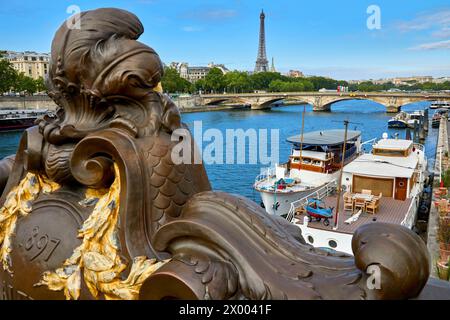 Pont Alexandre III, Sena, Eiffelturm, Paris, Frankreich. Stockfoto