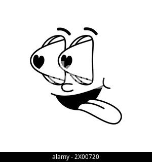 Groovie Cartoon Gesicht mit Herzen in den Augen und Wow Zunge Out, Vektor lustige Comic Emotion. Retro-Grooviges Gesicht mit verliebten Brillenaugen, starrenden Emoji oder Retro-Doodle-Line-Emoticon-Charakter Stock Vektor