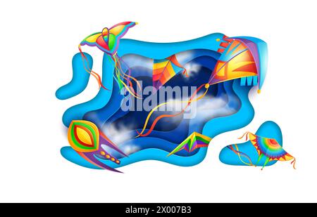 Blauer Himmel mit Papier Schnitt Wind und Drachen in Wolken, Vektorhintergrund. Fliegende Zeichentrickdrachen in Papier schneiden Himmel in Luft, Regenbogenfarben Vogel- und Schmetterlingsdrachen mit Ornamentflügeln für das Sommerfest Stock Vektor