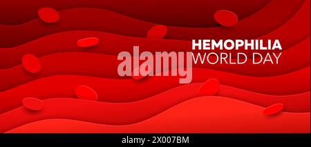 Hämophilie-Tag, rotes Blut Papier geschnittene Banner Hintergrund. 3D-Vektorerythrozytenzellen auf flüssigen Papierschnittwellen. Medizinisches Gesundheitsbewusstsein symbolisiert Stärke und Widerstandsfähigkeit gegen Blutungsstörungen Stock Vektor