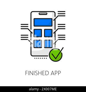 Optimierung von mobilen Apps, Codierung von Mobiltelefonen, Symbol für die Entwicklung von Websoftware. Mobiltelefon-Programm- oder Servicetests, Software-Produkt-Entwicklung Liniensymbol mit Anwendungs-UI-Schema Stock Vektor