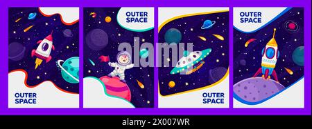 Cartoon Galaxy Space Template Banner und Poster mit Kinderastronauten, Vektorhintergründe. Weltraumentdeckung und Galaxienerkundung durch Kid-Raumfahrer mit Raketenshuttle und Alien-UFO am Sternenhimmel Stock Vektor