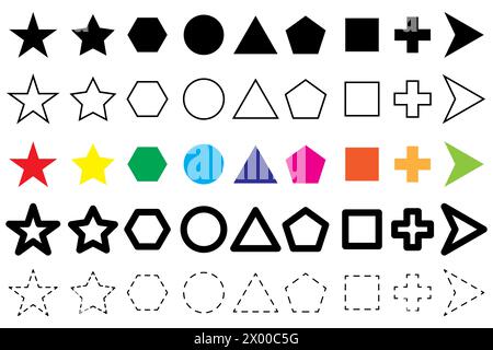 Farbenfrohe Grundformen. Ausgefüllte und umrissene Symbole. Richtungspfeile. Vektorabbildung. EPS 10. Stock Vektor